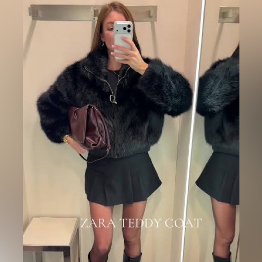 Zara Black Faux Fur Teddy Bomber Jacket - Picture 5 of 10